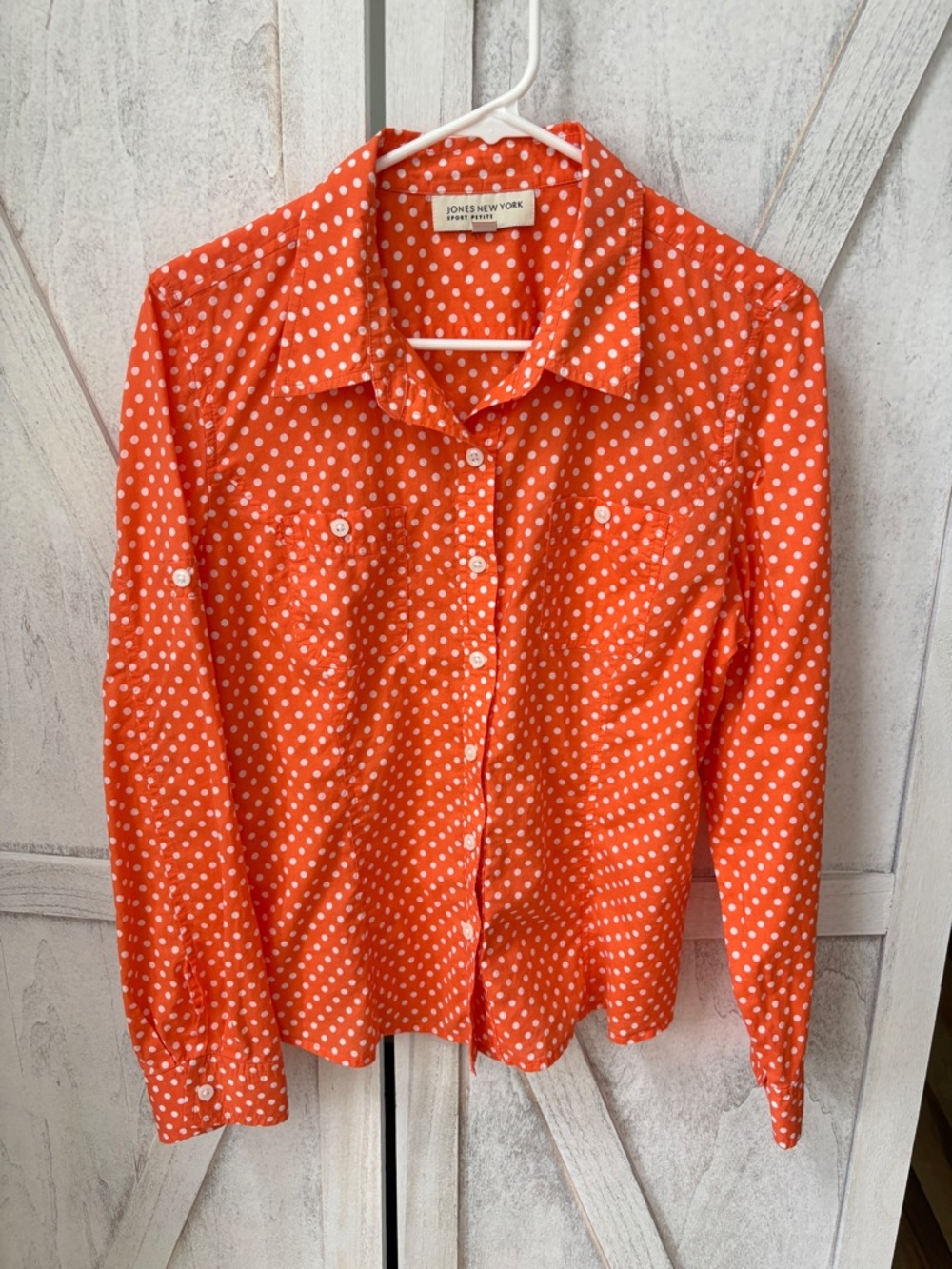 JONES NEW YORK Sport Petite Polka Dot Top Women’s P Large Orange White Button Up
